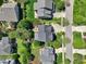 Aerial view showcasing the property's location, landscaping, and proximity to the neighborhood at 904 Coral Bell Dr, Wake Forest, NC 27587