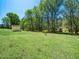 Expansive backyard with lush green grass, mature trees, and a storage shed at 1208 Goodwin Rd, Apex, NC 27523
