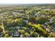 A panoramic aerial view captures a neighborhood with abundant trees and a scenic pond at 1216 Caribou Xing, Durham, NC 27713