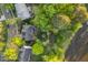 An aerial view reveals a home with a manicured backyard, patio, and a pond nearby at 1216 Caribou Xing, Durham, NC 27713