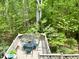 A well-maintained backyard deck featuring a dining table set, and a view of the wooded green backyard at 1425 Bascomb Dr, Raleigh, NC 27614