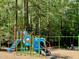 Colorful community playground with slides, swings, and climbing structures in a wooded area at 1425 Bascomb Dr, Raleigh, NC 27614