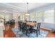 Dining room featuring a large wooden table, hardwood floors, and modern lighting fixtures at 214 S Camellia St, Chapel Hill, NC 27516