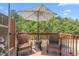Relaxing outdoor patio with a table, chairs, umbrella, and privacy fence at 214 S Camellia St, Chapel Hill, NC 27516
