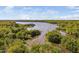 An aerial view of the landscape, showcasing a lush, green, wooded community near a large lake with rivers at 2221 Dungiven Ct, Garner, NC 27529