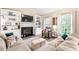 Bright living room featuring a fireplace, built-in shelving, large windows, and comfortable seating at 5911 Mountain Island Dr, Durham, NC 27713