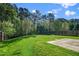 Expansive, well-manicured backyard with lush green grass, mature trees and partial privacy fence at 617 Conover Rd, Durham, NC 27703