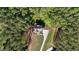 Aerial view highlighting the house, long driveway and landscaping, surrounded by the privacy of mature trees at 64 Thousand Oaks Ct, Clayton, NC 27527