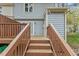 Back porch with wooden stairs leading to the house and light blue siding at 6568 English Oaks Dr, Raleigh, NC 27615