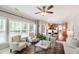 Bright living room boasts large windows, comfortable seating, and stylish decor at 704 Voyager Pl, Durham, NC 27712