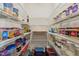 Walk-in pantry with ample shelving for food storage and a variety of household items at 1127 Woodlands Creek Way, Apex, NC 27502