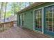 A wooden deck with glass doors overlooking a wooded area, providing a tranquil outdoor space at 13 Thorne Ridge Dr, Durham, NC 27713