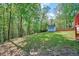 Large, grassy backyard with mature trees and storage shed at 1433 Andersonwood Dr, Fuquay Varina, NC 27526