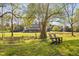 Backyard with a well-maintained lawn, mature trees, and peaceful sitting area at 1601 Dairyland Rd, Chapel Hill, NC 27516