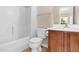 Bathroom featuring vanity and shower/tub combo at 2604 Wyntercrest Ln, Durham, NC 27713