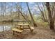 Outdoor picnic area featuring a wooden table and benches, surrounded by nature and trees by the water at 2931 Western Hills Ln, Elon, NC 27244