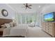 Bright main bedroom with bay window, TV, a door to the outside, and sitting area at 3016 Allansford Ln, Raleigh, NC 27613
