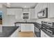 Close up of a new kitchen with granite countertops, white cabinetry, and stainless steel appliances at 617 Ray St, Selma, NC 27576