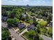 Neighborhood aerial showcasing houses, tree coverage and a distant city skyline at 721 Shelley Rd, Raleigh, NC 27609