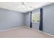 Blue bedroom featuring a window with curtains, carpet flooring, and a ceiling fan at 12 Poppy Trl, Durham, NC 27713