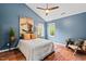 Cozy bedroom featuring hardwood floors, a ceiling fan, and blue walls, creating a calming atmosphere at 1604 Cane Creek Dr, Garner, NC 27529