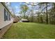 Expansive backyard features a rustic cabin and a well-maintained lawn, perfect for outdoor activities and relaxation at 1823 E Geer St, Durham, NC 27704