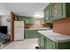 Classic kitchen with green cabinets and white appliances at 1823 E Geer St, Durham, NC 27704