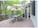 Relax on the back deck with an umbrella table and chairs, overlooking the backyard at 1120 Scholastic Cir, Durham, NC 27713