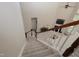 View from upstairs down the carpeted staircase with wooden banister leading to the open living room at 1120 Scholastic Cir, Durham, NC 27713