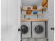 Well-organized laundry room featuring a front load washer and dryer, wood folding table and ample shelving at 116 W Front St, Oxford, NC 27565
