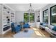 Bright living room featuring hardwood floors, custom built-ins, and large windows at 1401 Freshwater Ct, Wake Forest, NC 27587