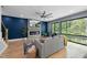 Stylish living room featuring a modern fireplace, comfortable seating, and large windows offering scenic wooded views at 1401 Freshwater Ct, Wake Forest, NC 27587