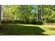 Backyard with a green lawn, tall green trees, and a wooden fence at 1526 Town Home Dr, Apex, NC 27502
