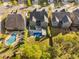 Overhead view of a backyard with a pool, pergola, and ample green space in a residential neighborhood at 212 Blue Granite Dr, Holly Springs, NC 27540
