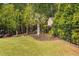 Well-maintained backyard with green grass, palm tree, and a black fence with surrounding greenery at 212 Blue Granite Dr, Holly Springs, NC 27540
