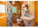 Bathroom featuring wood paneled walls, a patterned shower curtain, toilet, and pedestal sink at 2281 Lamont Norwood, Pittsboro, NC 27312