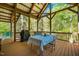 Covered outdoor dining area with a table, chairs, grill, and scenic views of the surrounding trees at 2281 Lamont Norwood, Pittsboro, NC 27312
