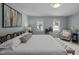 Serene main bedroom features soft blue walls, two windows with natural light, and comfortable seating area at 3646 Watkins Farm Rd, Hillsborough, NC 27278