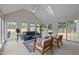 Bright sunroom with many windows, vaulted ceiling, and comfortable seating offering a relaxing space with outdoor views at 3646 Watkins Farm Rd, Hillsborough, NC 27278