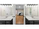 Bathroom featuring double sinks, modern lighting, and a view into an adjacent bedroom at 50 Beech Trl, Garner, NC 27529
