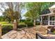 Brick patio featuring chairs overlooking a lush golf course view at 8409 Muirfield Dr, Fuquay Varina, NC 27526