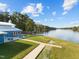 Stunning lakefront property with lush green lawn, inviting patio, and picnic tables for outdoor enjoyment at 104 Chuckwagon Dr, Louisburg, NC 27549