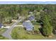 Aerial view showing a blue house with a well-kept lawn in a suburban neighborhood surrounded by lush greenery at 129 Camille Cir, Youngsville, NC 27596