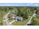 Aerial view of a well-maintained blue house with a manicured lawn in a wooded suburban neighborhood at 129 Camille Cir, Youngsville, NC 27596