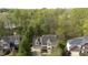 An aerial shot displays a lovely home nestled among a mature landscape near a serene body of water at 1335 Saint Andrews Dr, Mebane, NC 27302