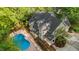 Aerial shot of a beautiful home with a private pool surrounded by mature trees and well-maintained landscaping at 144 W Walker Woods Ln, Clayton, NC 27527