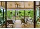 Covered back porch overlooking backyard with a view of the pond and mature trees at 1506 Gormly Cir, Sanford, NC 27330