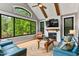 Bright living room with vaulted ceiling, wood beams, fireplace, and scenic backyard view at 1506 Gormly Cir, Sanford, NC 27330