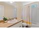 Bathroom features a decorative shower curtain, sink, and mirror at 1601 Entheos Ln, Raleigh, NC 27610