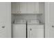 A functional laundry room with washer and dryer and storage space at 20 Sanders Rd, Benson, NC 27504